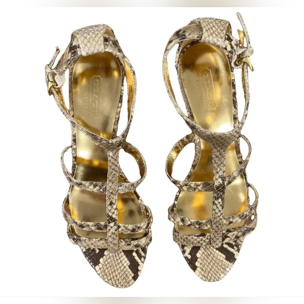 Coach snake leather strappy sandals block heel gold chain 🐍9B